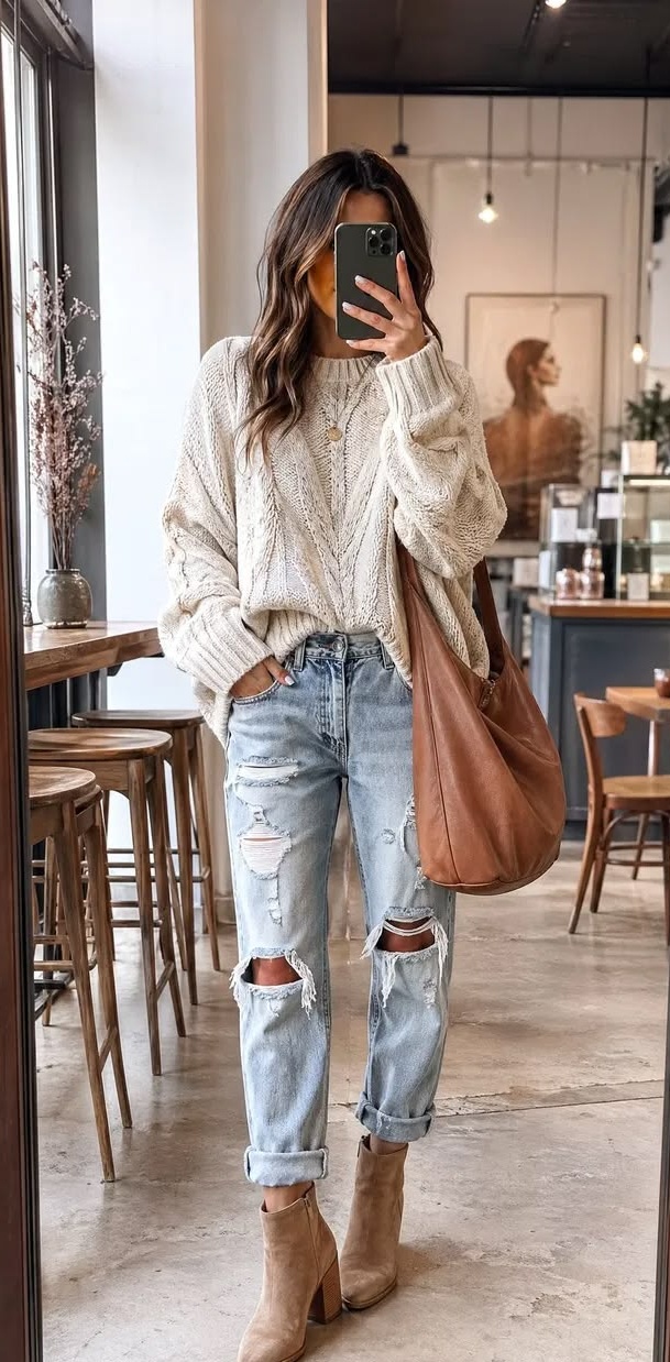 17. Cream Cable-Knit Sweater, Distressed Boyfriend Jeans and Heeled Ankle Boots
