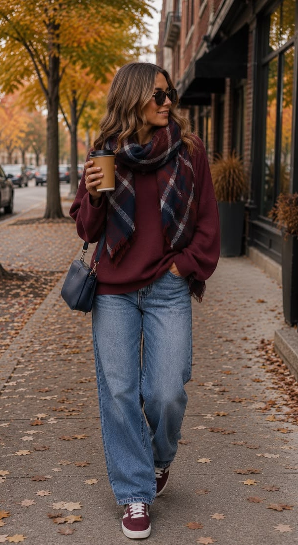 20. Burgundy Sweater and Plaid Blanket Scarf With Baggy Jeans