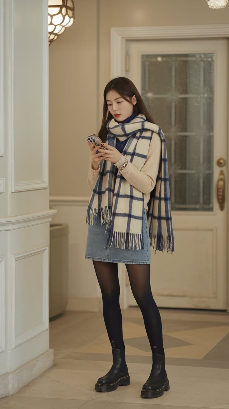 1. Cream Sweater and Denim Mini Skirt With a Windowpane Scarf