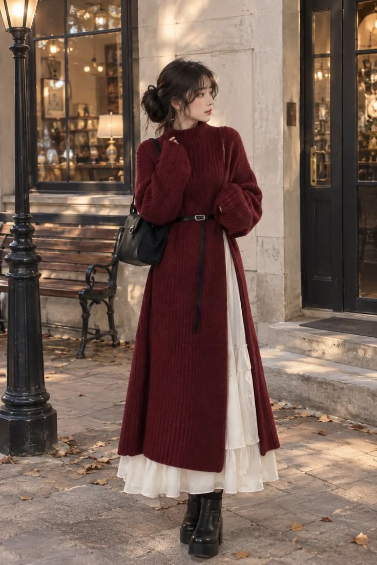 2. Burgundy Belted Knit Maxi Over a Cream Ruffle Skirt