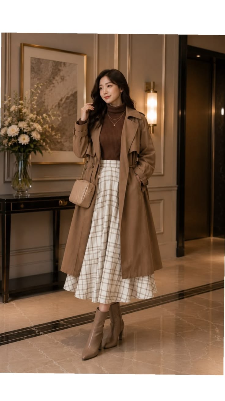 4. Camel Trench Over a Brown Turtleneck and Check Midi Skirt