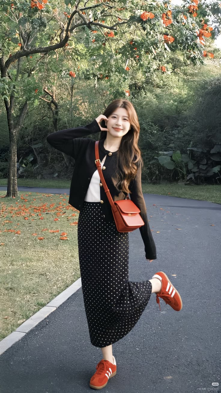 6. Polka Dot Midi Skirt, Gold-Button Cardigan and Red Sneakers