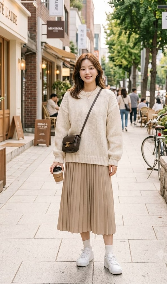 7. Chunky Cream Crewneck With a Camel Pleated Midi Skirt
