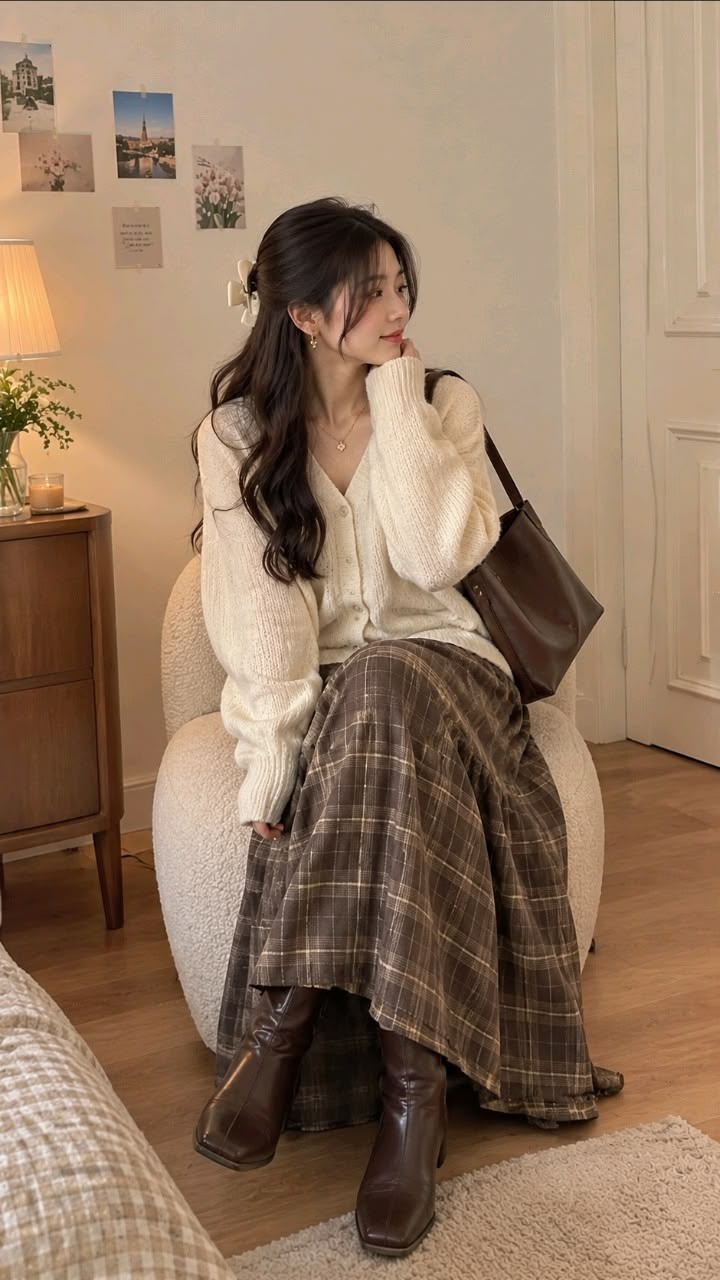 8. Brown Tiered Plaid Maxi With Cream Cardigan and Knee Boots