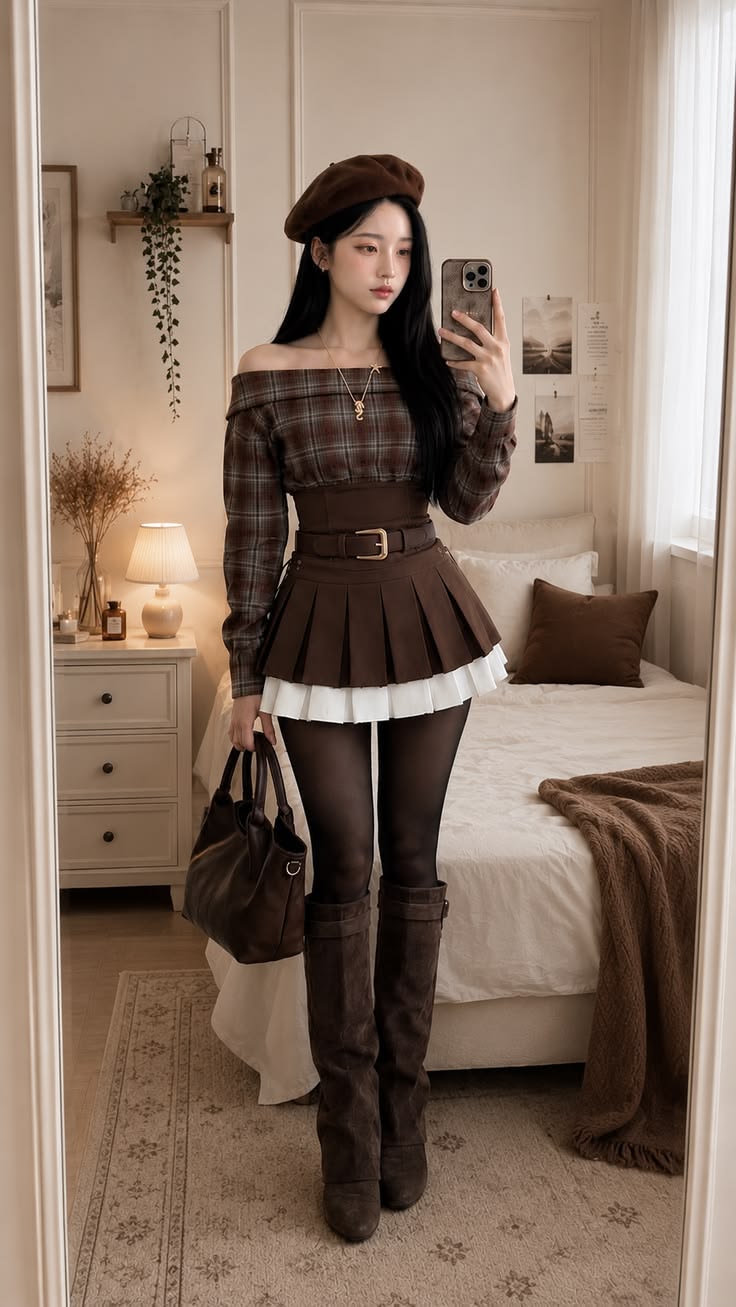 11. All-Brown Plaid Off-Shoulder Top, Pleated Mini and Slouch Boots