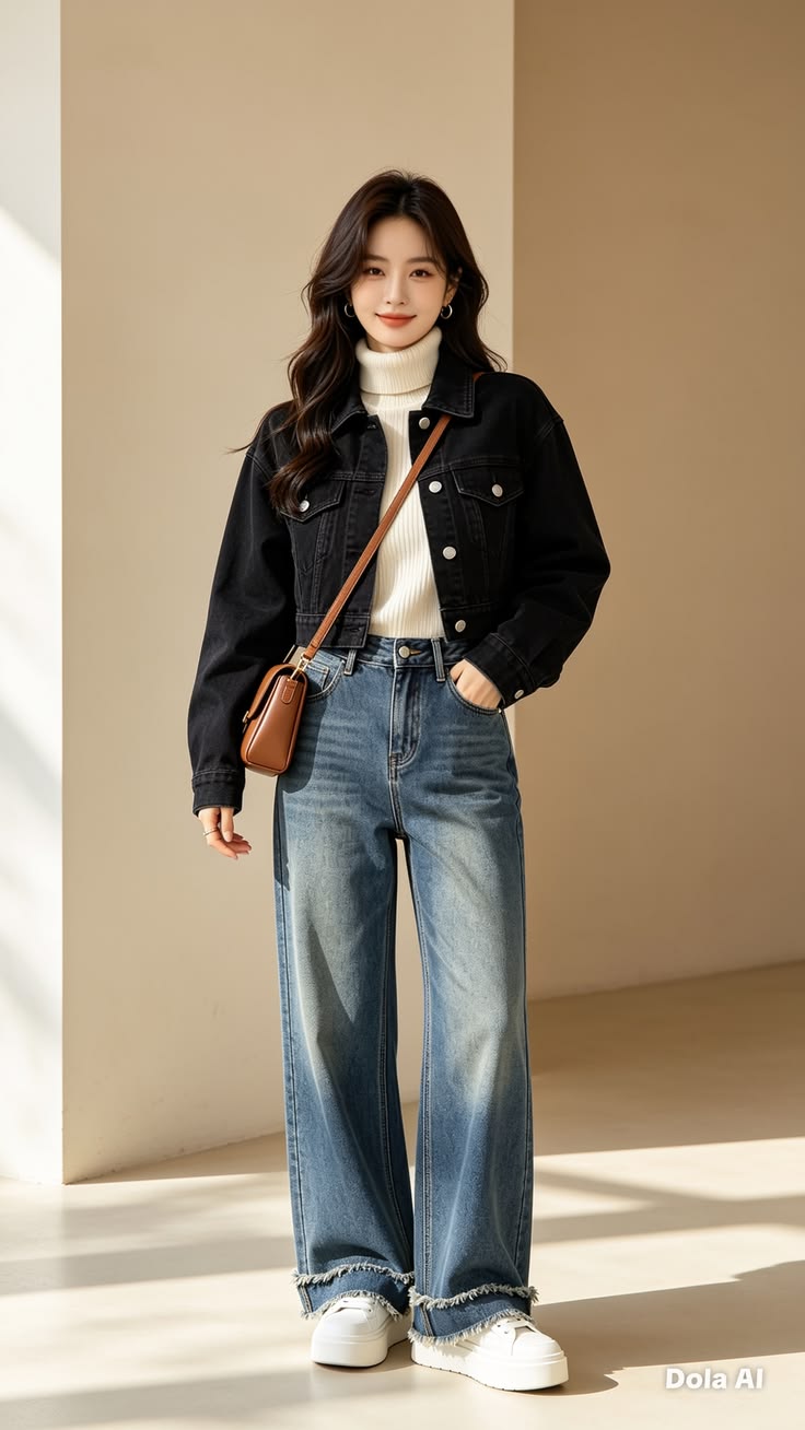 12. Frayed Wide-Leg Jeans With a Black Cropped Denim Jacket
