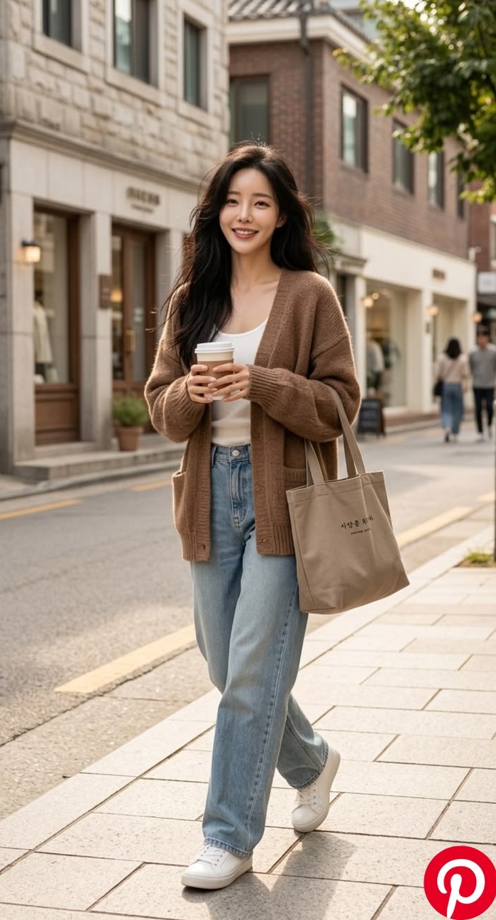 15. White Tank, Straight Jeans and a Camel Oversized Cardigan