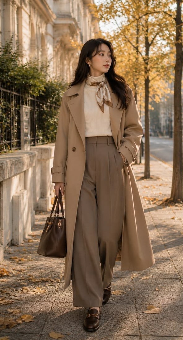 16. Long Beige Trench With Taupe Pleated Wide-Leg Trousers