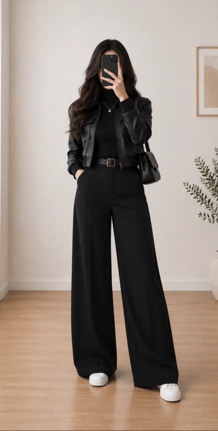 17. Head-to-Toe Black: Cropped Leather Jacket and Wide-Leg Trousers