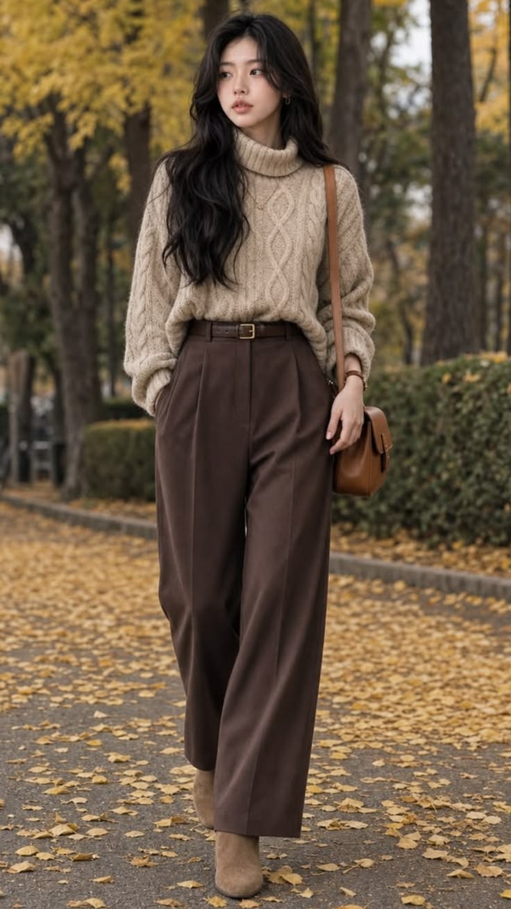 19. Oatmeal Cable Turtleneck With Chocolate Brown Pleated Trousers