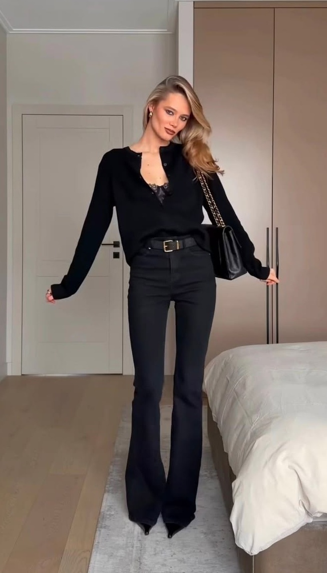 3. All-Black Button Cardigan, Lace Camisole and High-Rise Flare Jeans
