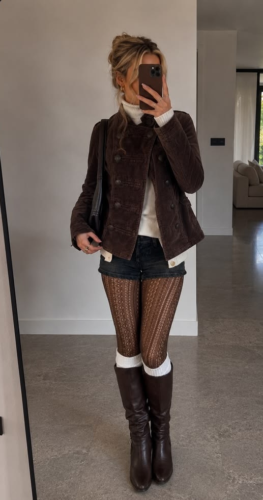 6. Corduroy Military Jacket With Denim Shorts, Patterned Tights and Knee Socks