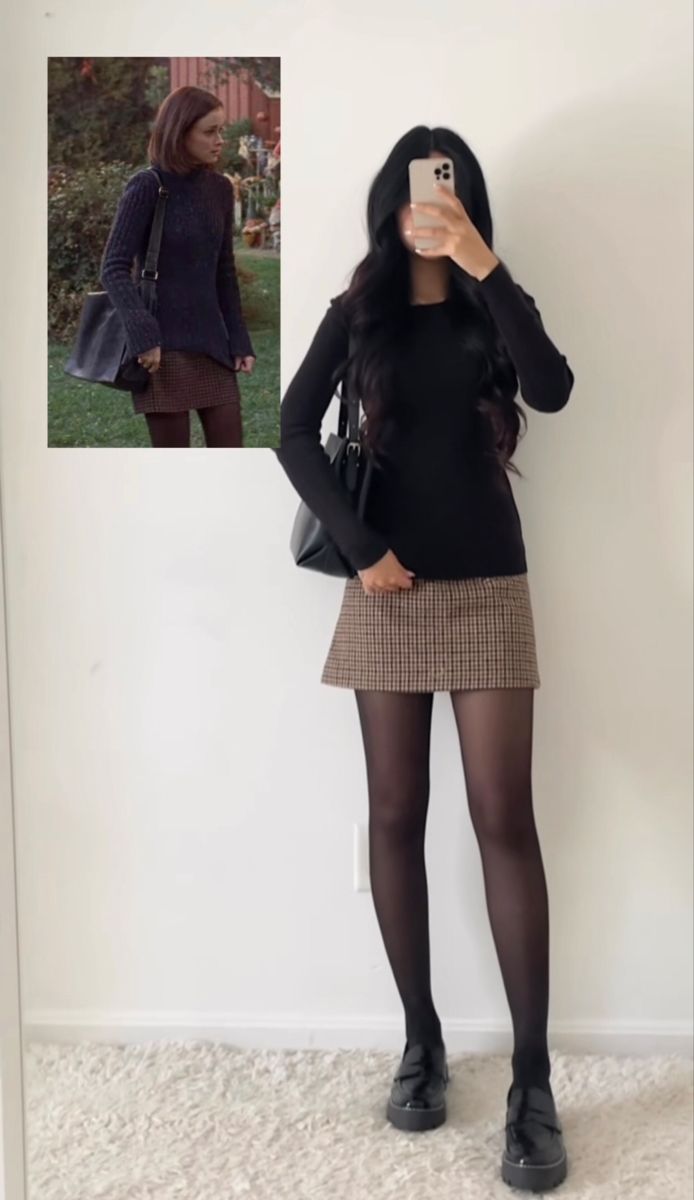 9. Fitted Black Sweater, Brown Check Mini Skirt and Patent Chunky Loafers