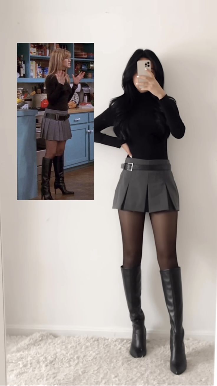 11. Charcoal Box-Pleat Mini With a Black Turtleneck Bodysuit and Knee Boots