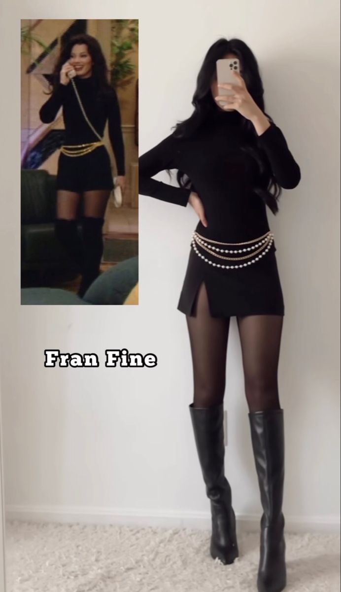15. Black Slit Mini Skirt and Turtleneck With a Pearl Chain Belt