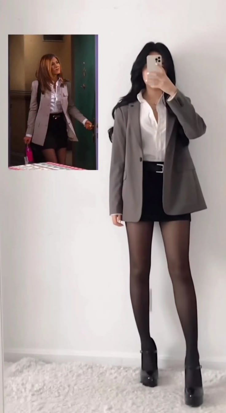 16. Oversized Gray Blazer, White Shirt and Black Mini With Mary Janes
