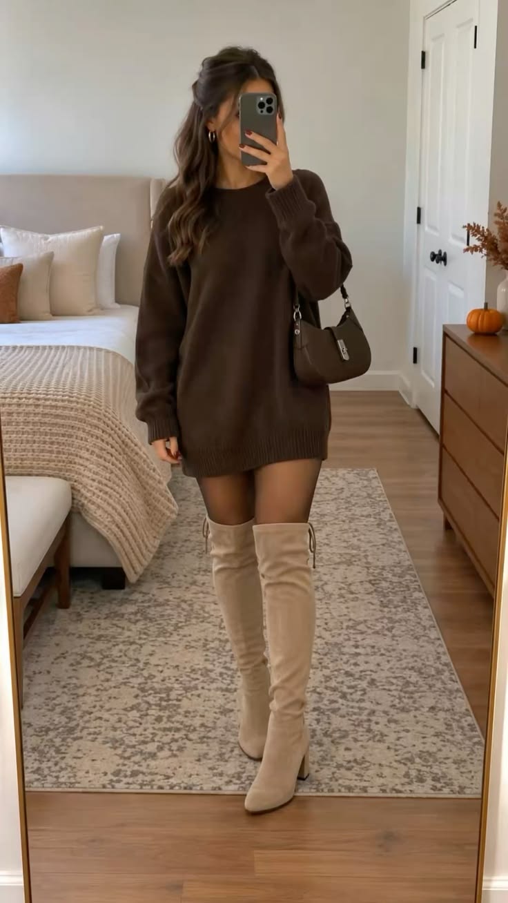 8. Chocolate Oversized Sweater Dress and Taupe Over-the-Knee Boots
