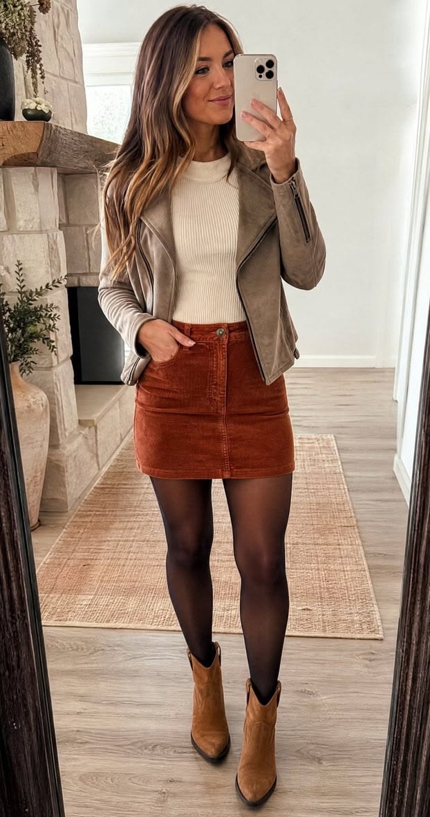 16. Rust Corduroy Mini Skirt, Taupe Suede Moto Jacket, and Western Booties