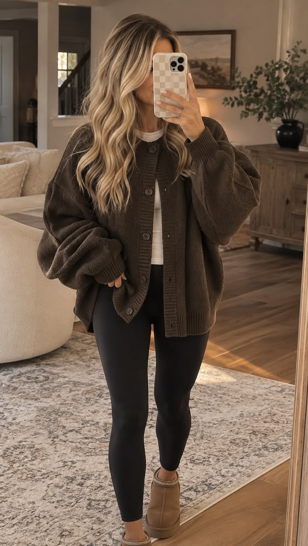 2. Chocolate Brown Oversized Cardigan Over a White Tee and Ultra Minis