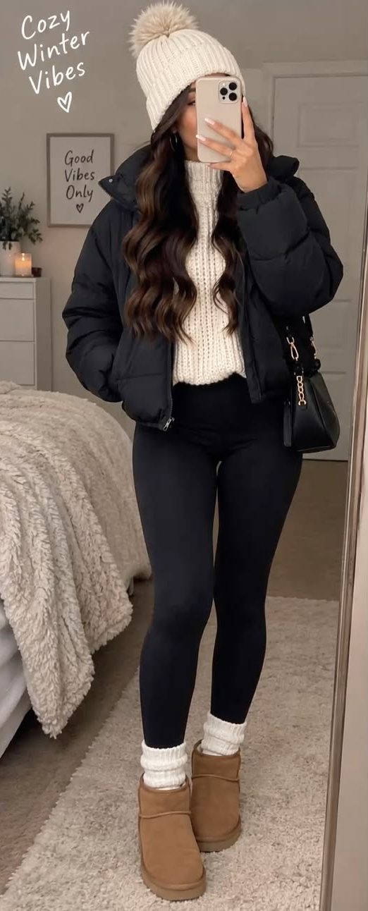 3. Black Cropped Puffer, Cream Turtleneck and Pom Beanie for Freezing Days
