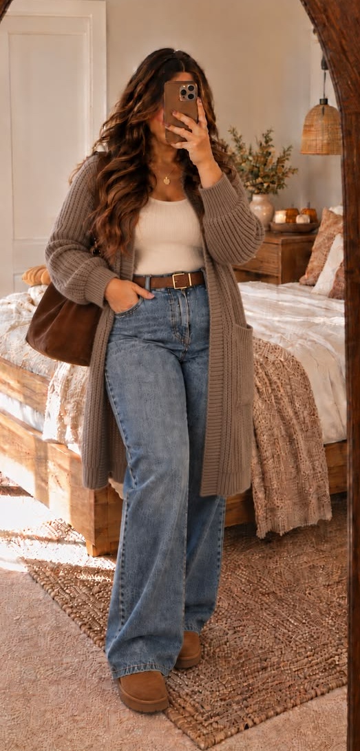 6. Taupe Long Cardigan, Belted Wide-Leg Jeans and Chestnut Uggs