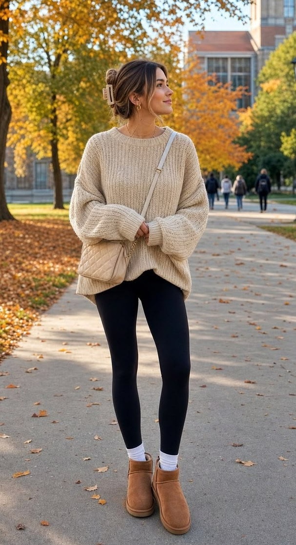 7. Oatmeal Chunky Knit Sweater and Leggings With a Quilted Crossbody