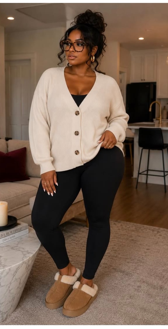 9. Cream V-Neck Button Cardigan and Black Leggings With Ugg Slippers