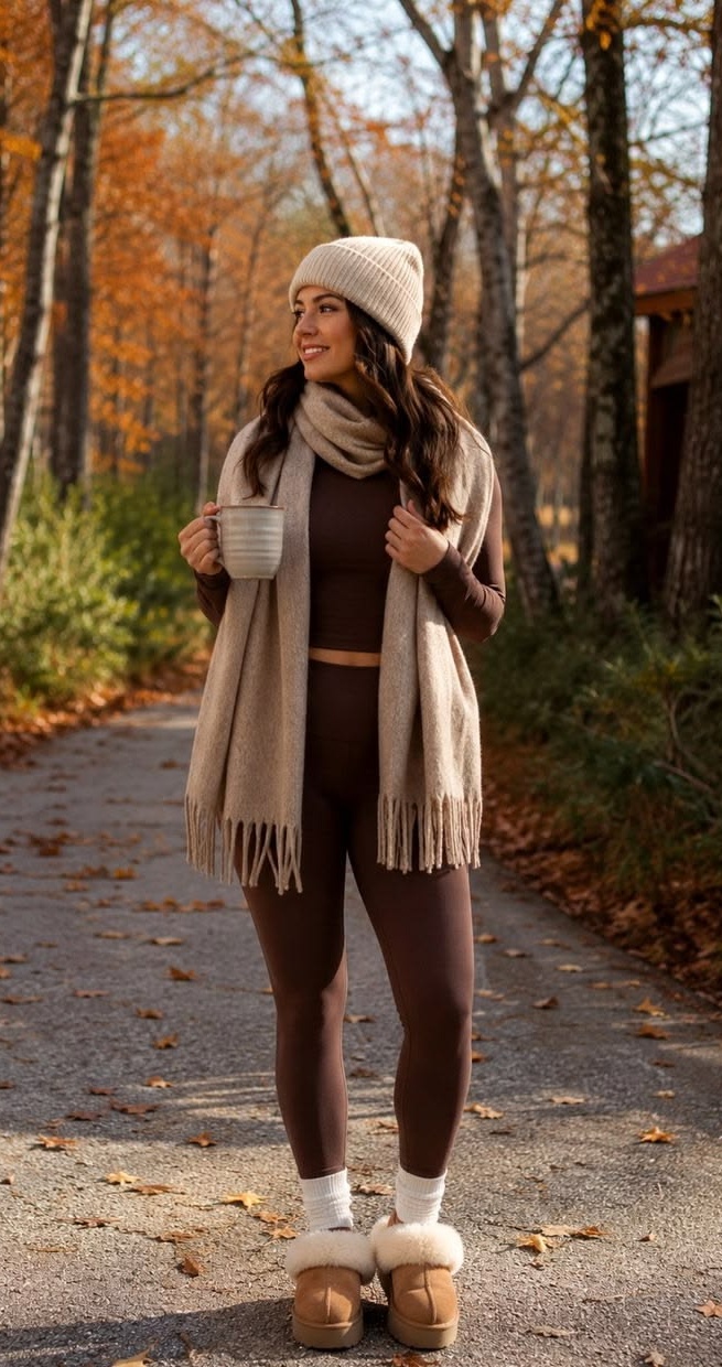 10. Brown Crop Top and Legging Set With a Fringed Blanket Scarf