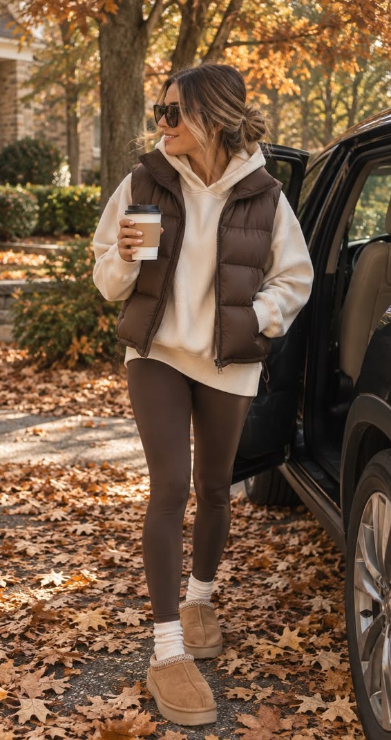 15. Chocolate Puffer Vest Over a Cream Hoodie With Brown Leggings