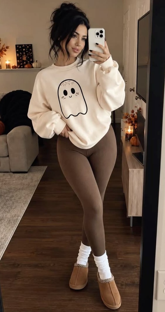 18. Cream Ghost Graphic Sweatshirt With Mocha Ribbed Leggings and Tasman Slippers