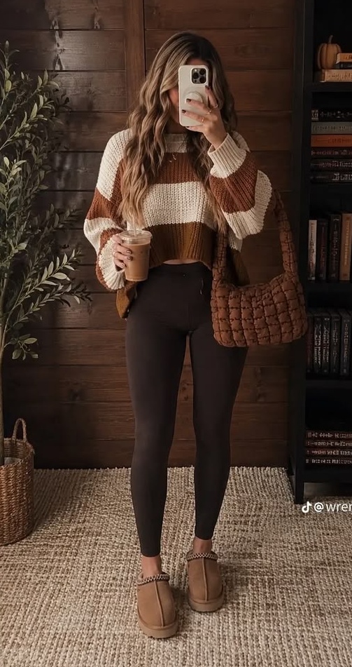 19. Rust and Cream Striped Cropped Sweater With a Quilted Puffer Bag