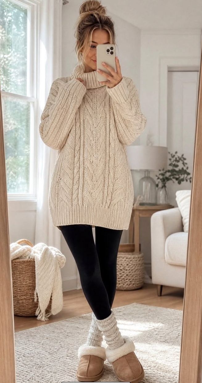 20. Cream Cable-Knit Turtleneck Sweater Dress With Leggings and Shearling Slippers