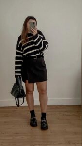 1. Black-and-Cream Striped Sweater With Wrap Mini Skirt and Crew Socks