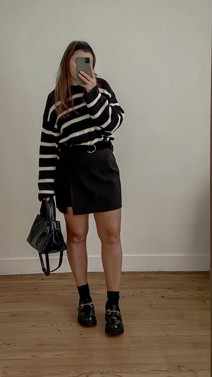 1. Black-and-Cream Striped Sweater With Wrap Mini Skirt and Crew Socks