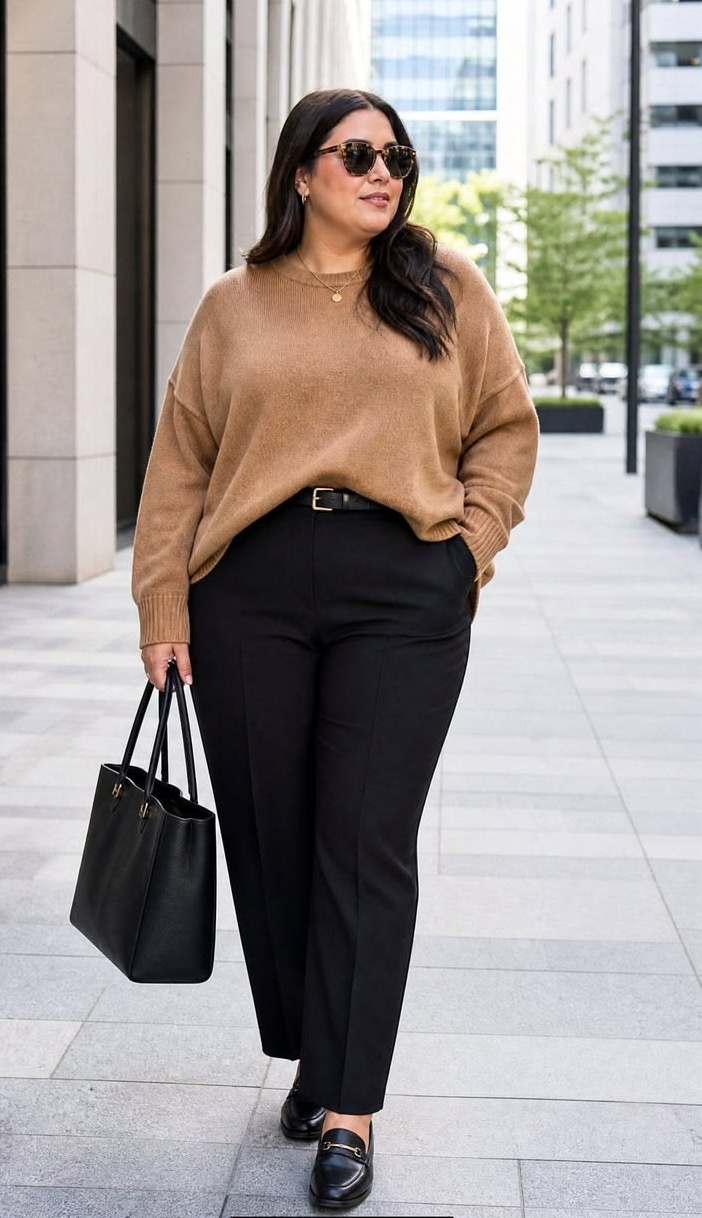 3. Camel Crewneck Sweater Tucked Into Black Straight-Leg Trousers