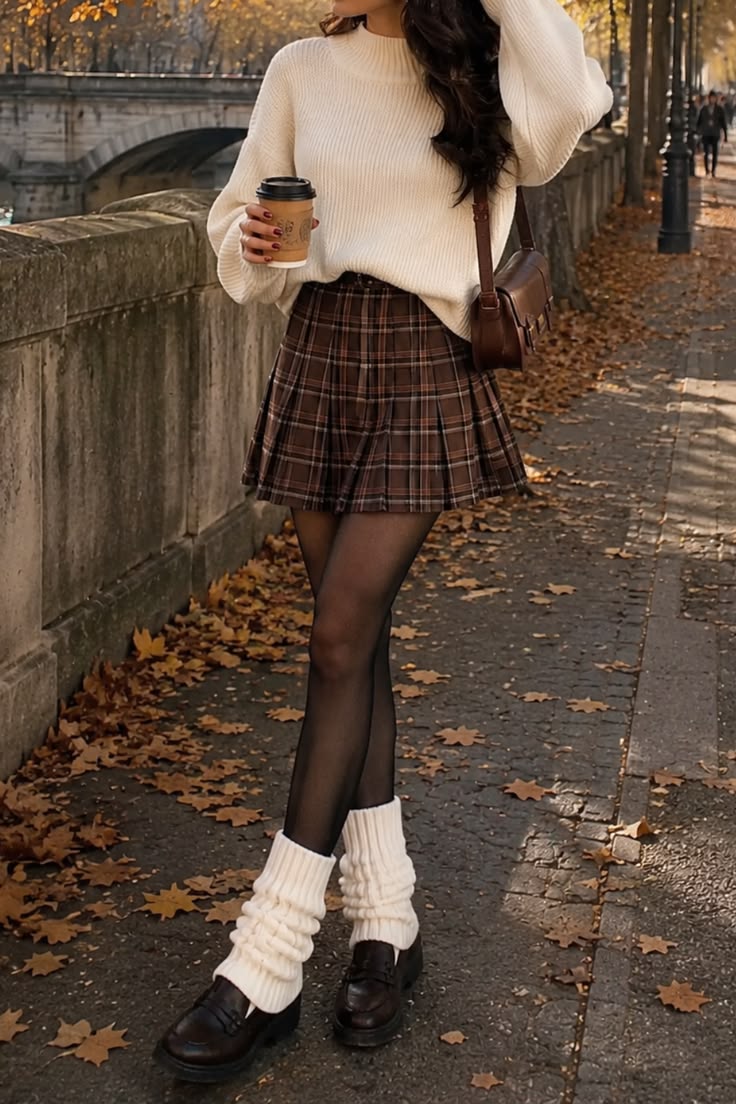 5. Cream Mock-Neck Sweater and Brown Plaid Pleated Mini With Leg Warmers