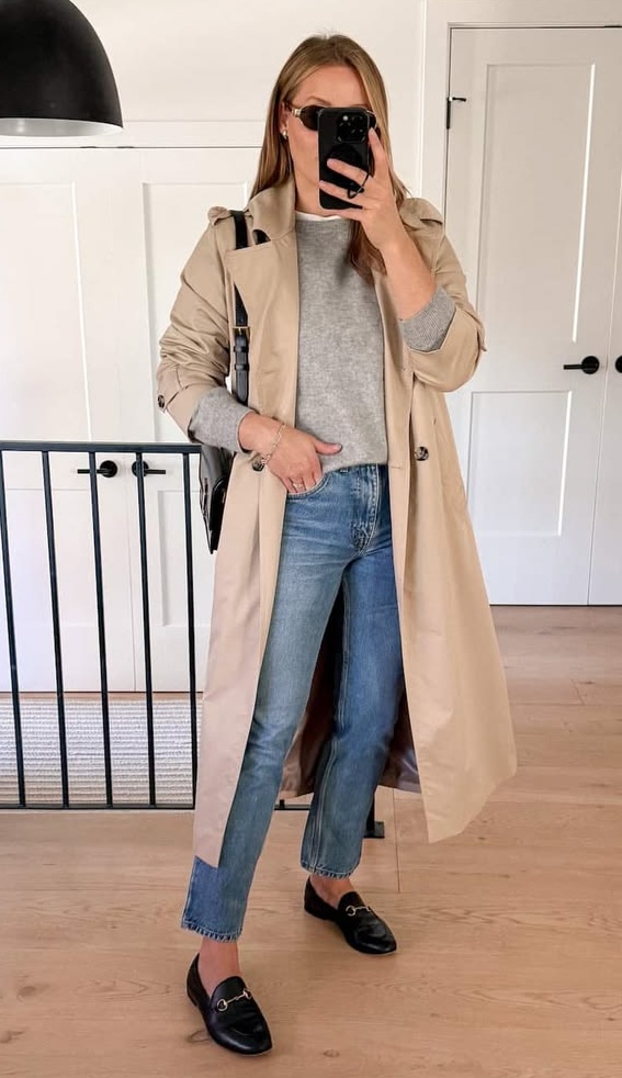 7. Beige Trench Coat Over Gray Sweater and Light-Wash Straight Jeans