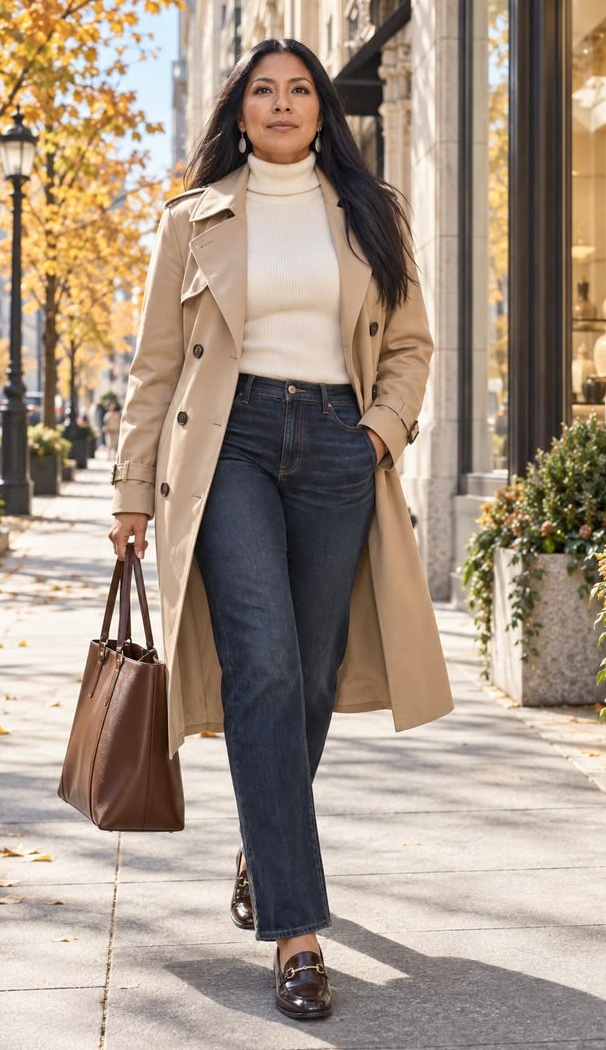 8. Trench Coat, Cream Ribbed Turtleneck and Dark-Wash Jeans for City Walks