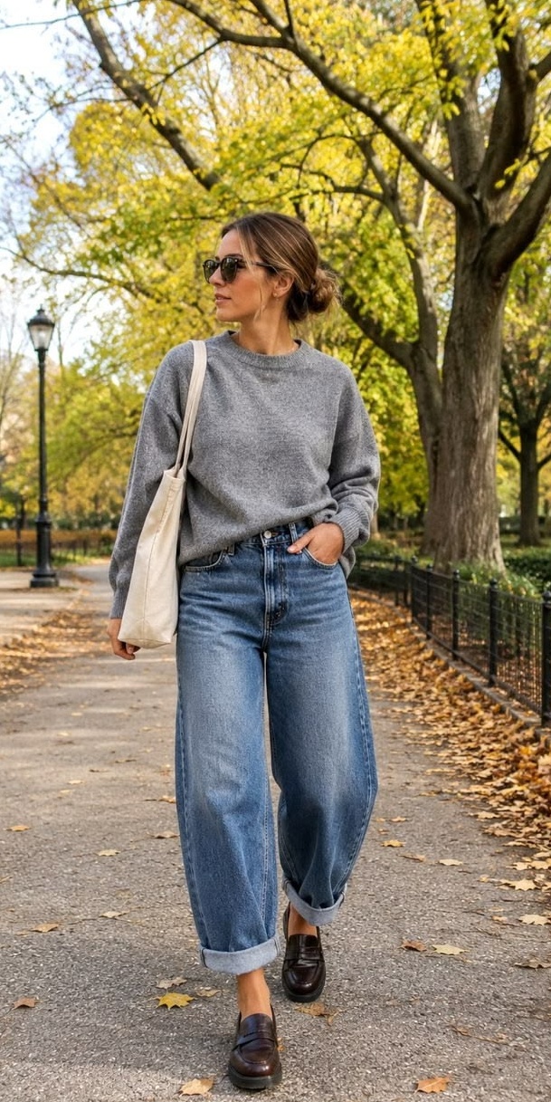 9. Half-Tucked Gray Sweater With Cuffed Barrel-Leg Jeans and Brown Penny Loafers