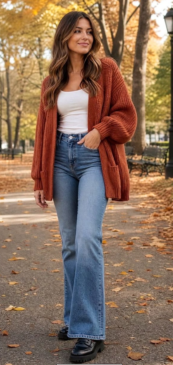 13. Rust Chunky Knit Cardigan With White Tank and Flare Jeans