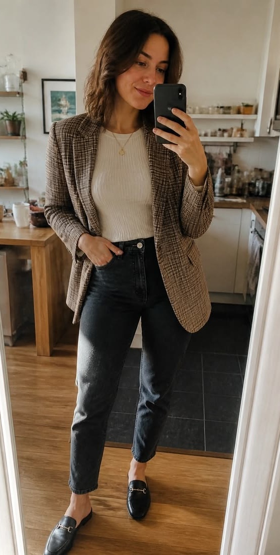 15. Brown Check Blazer With Cream Tee and Washed Black Mom Jeans