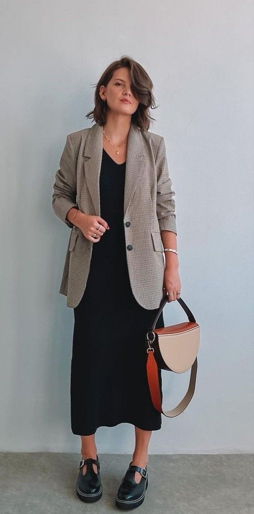16. Houndstooth Boyfriend Blazer Over Black Midi Dress With Mary Jane Loafers