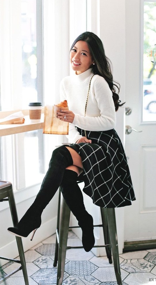 5. Windowpane Check Midi Skirt and Ivory Mock-Neck with Over-the-Knee Boots