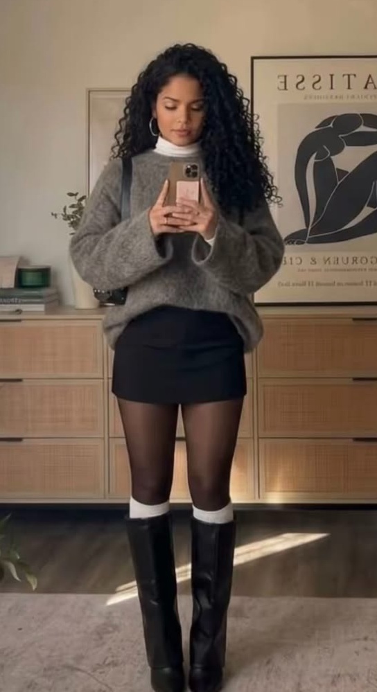 8. Grey Fuzzy Sweater Over a White Turtleneck and Black Mini Skirt