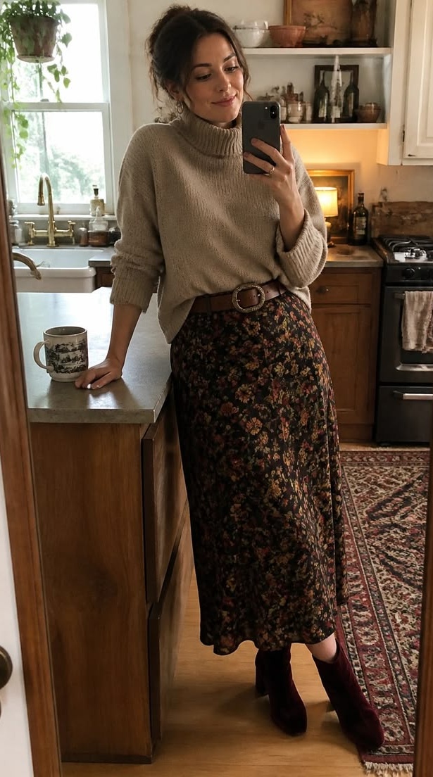 9. Dark Floral Bias-Cut Midi Skirt, Belted Turtleneck, Velvet Ankle Boots