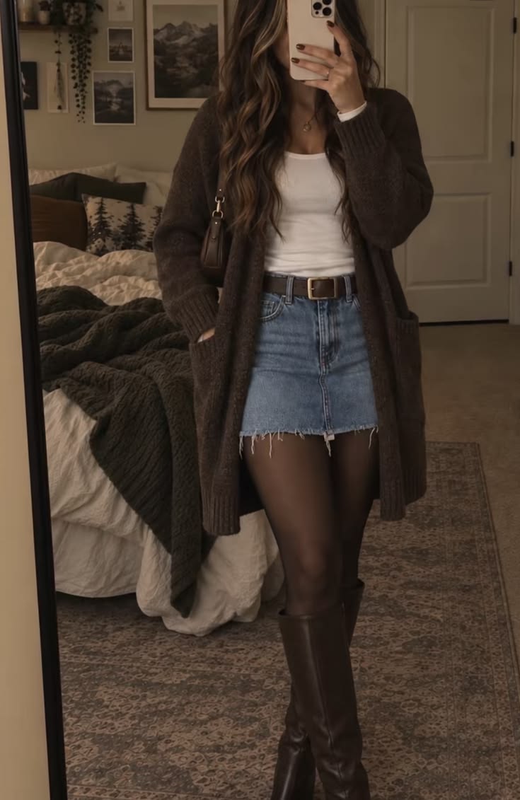 19. Light-Wash Frayed Denim Mini with a Chocolate Longline Cardigan