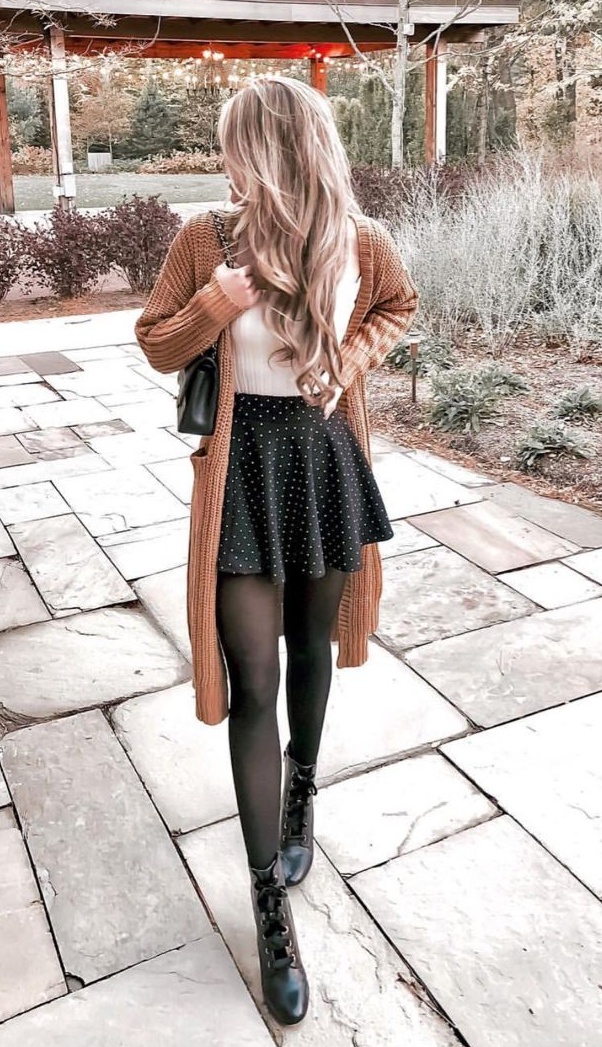 20. Polka Dot Skater Skirt, Rust Long Cardigan, and Lace-Up Combat Boots