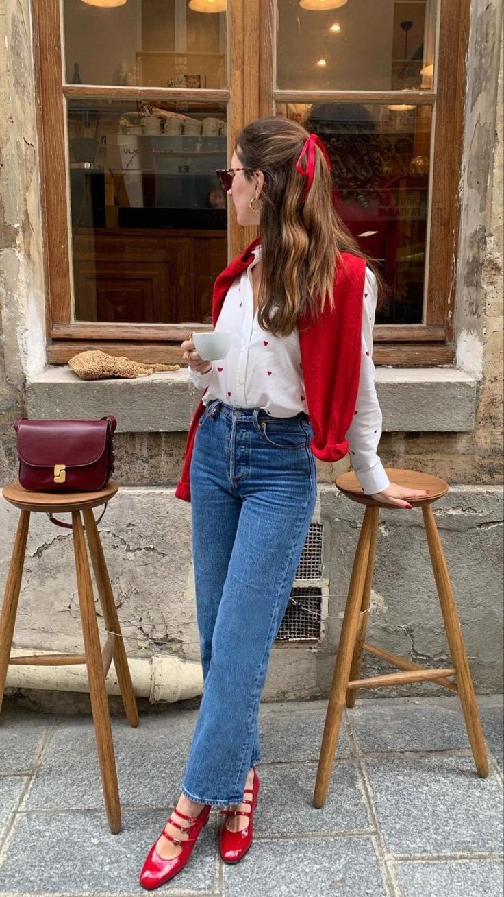 1. Heart-Print White Shirt with Red Mary Janes and Draped Cardigan