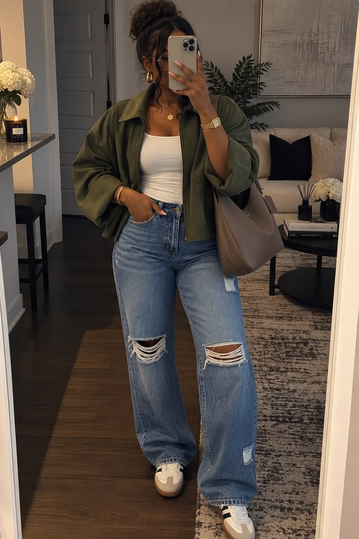2. Olive Cropped Utility Jacket, White Tank and Ripped Wide-Leg Jeans