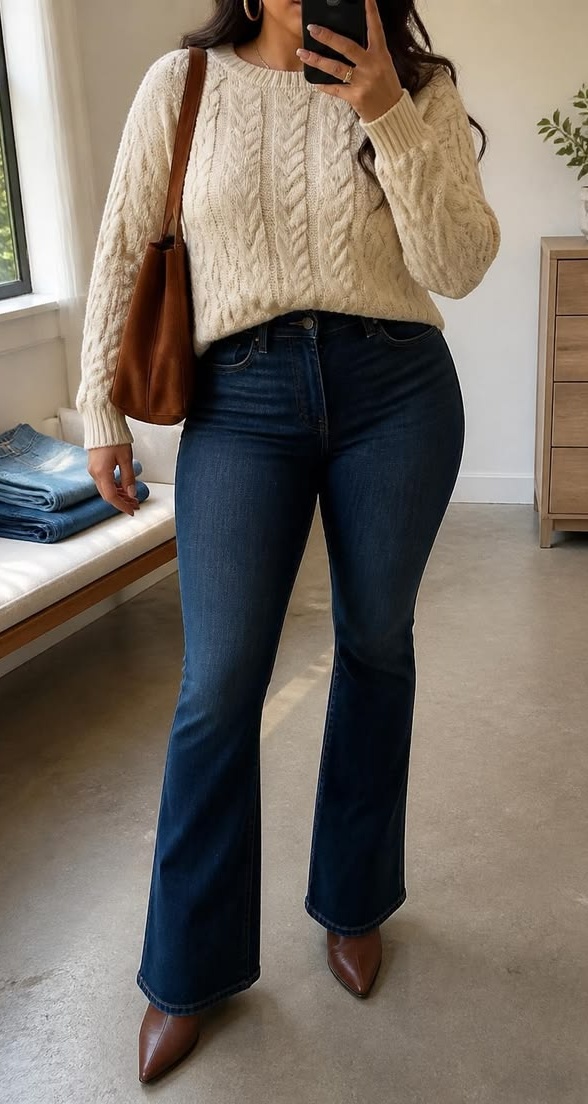 3. Cream Cable-Knit Sweater with Dark Flare Jeans and Cognac Boots